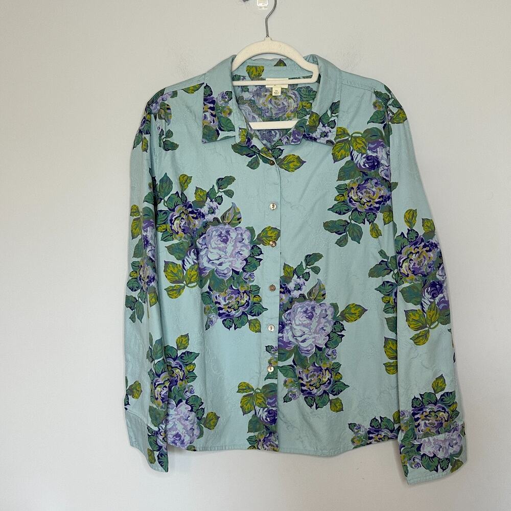 J Jill Womens Textured Floral Roses Button Up Oxford Top XL Teal Lavender Print